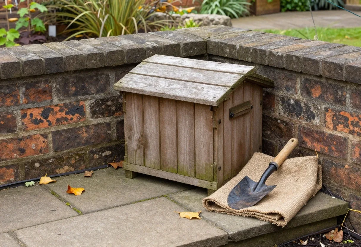 A food waste caddy and a garden compost bin on flagstones in a small UK garden