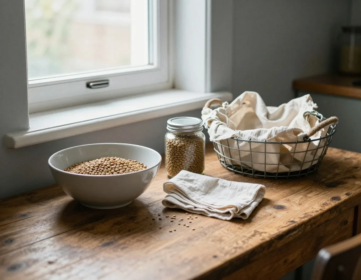 A kitchen table with reused glass jars of dry goods and a bowl of loose vegetables in soft daylight