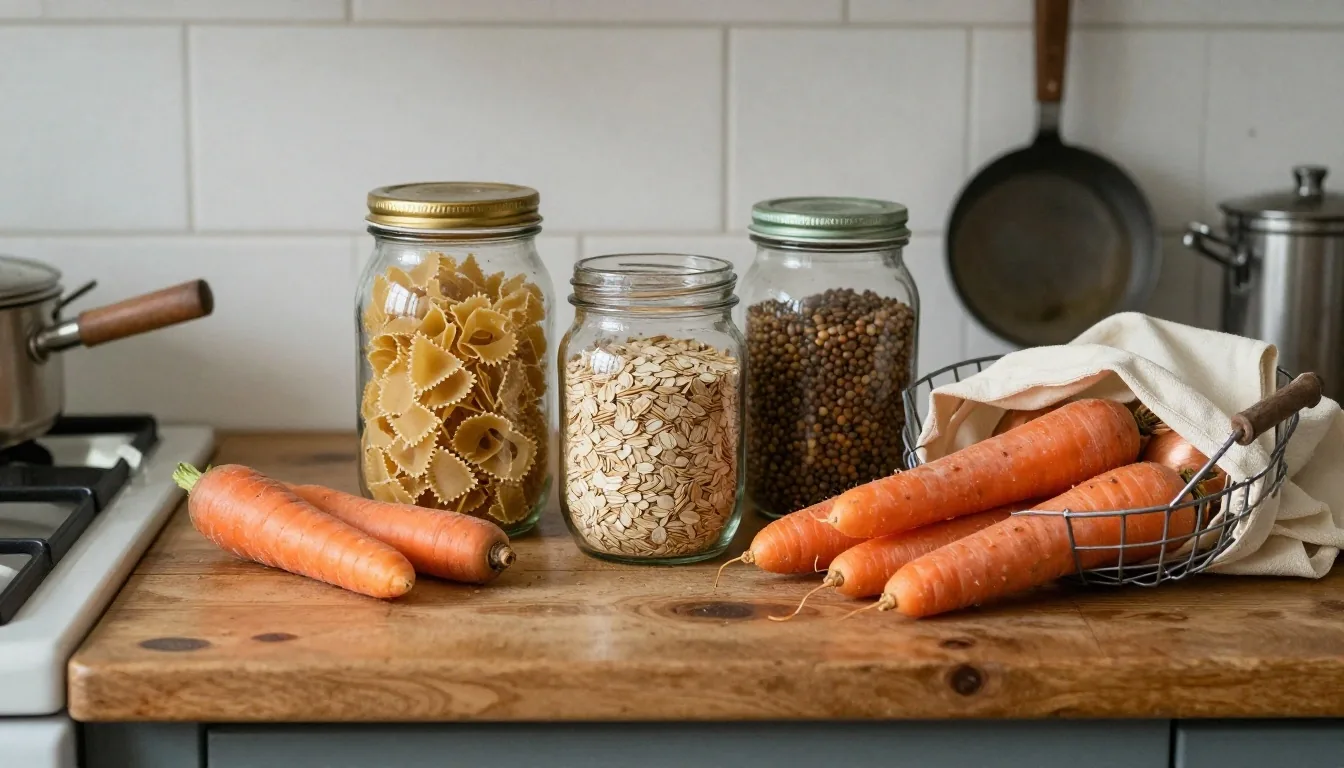An everyday UK kitchen worktop with reused glass jars of dry goods, a wire basket of loose vegetables and a cotton produce bag