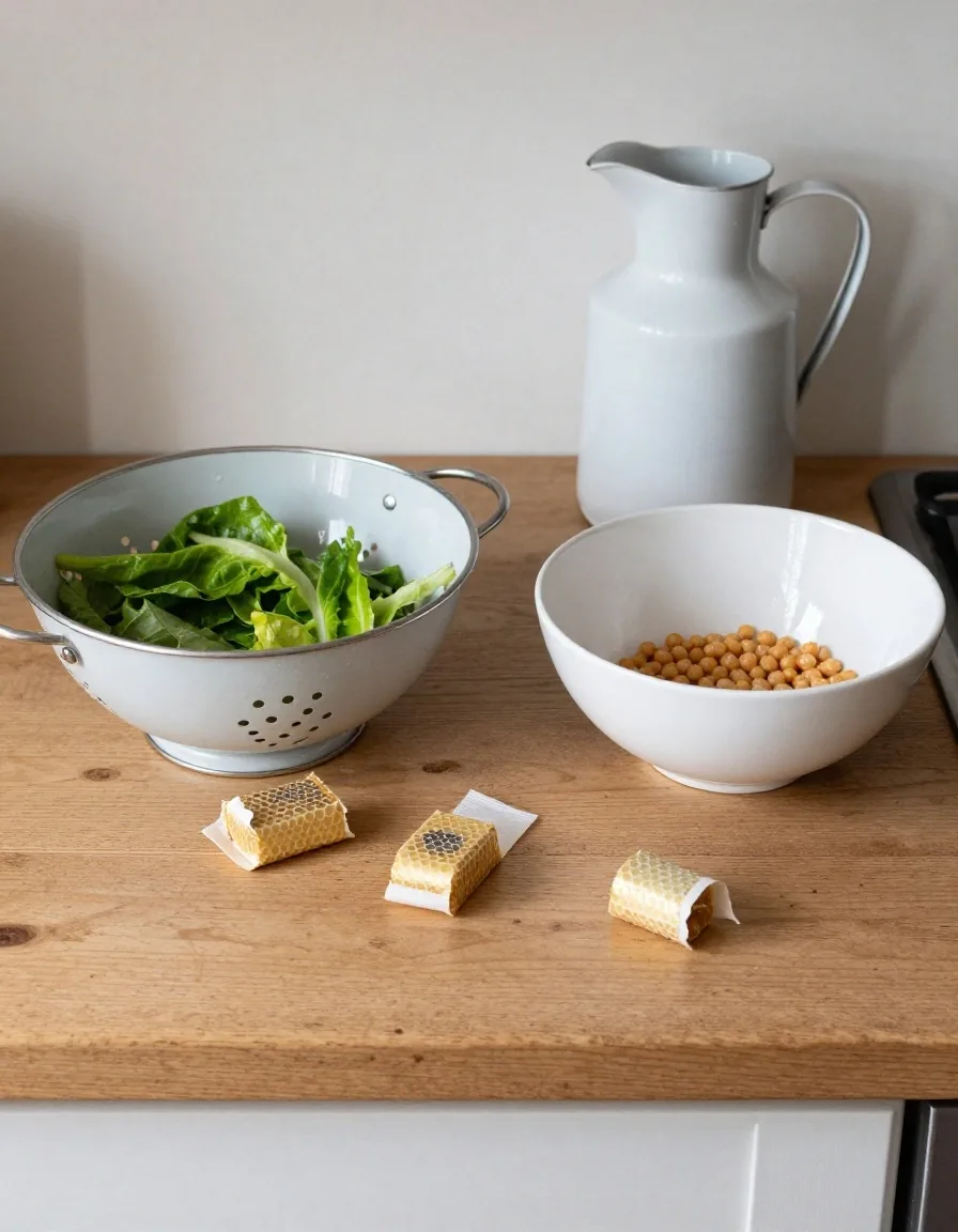Beeswax wraps with visible creases folded around a bowl on a kitchen worktop
