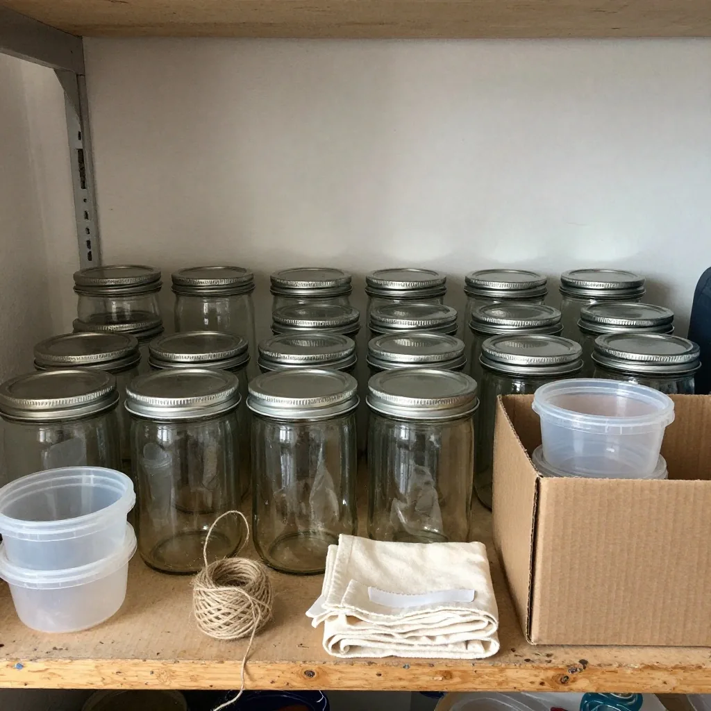 Reused glass jars and clean containers stacked on a utility cupboard shelf