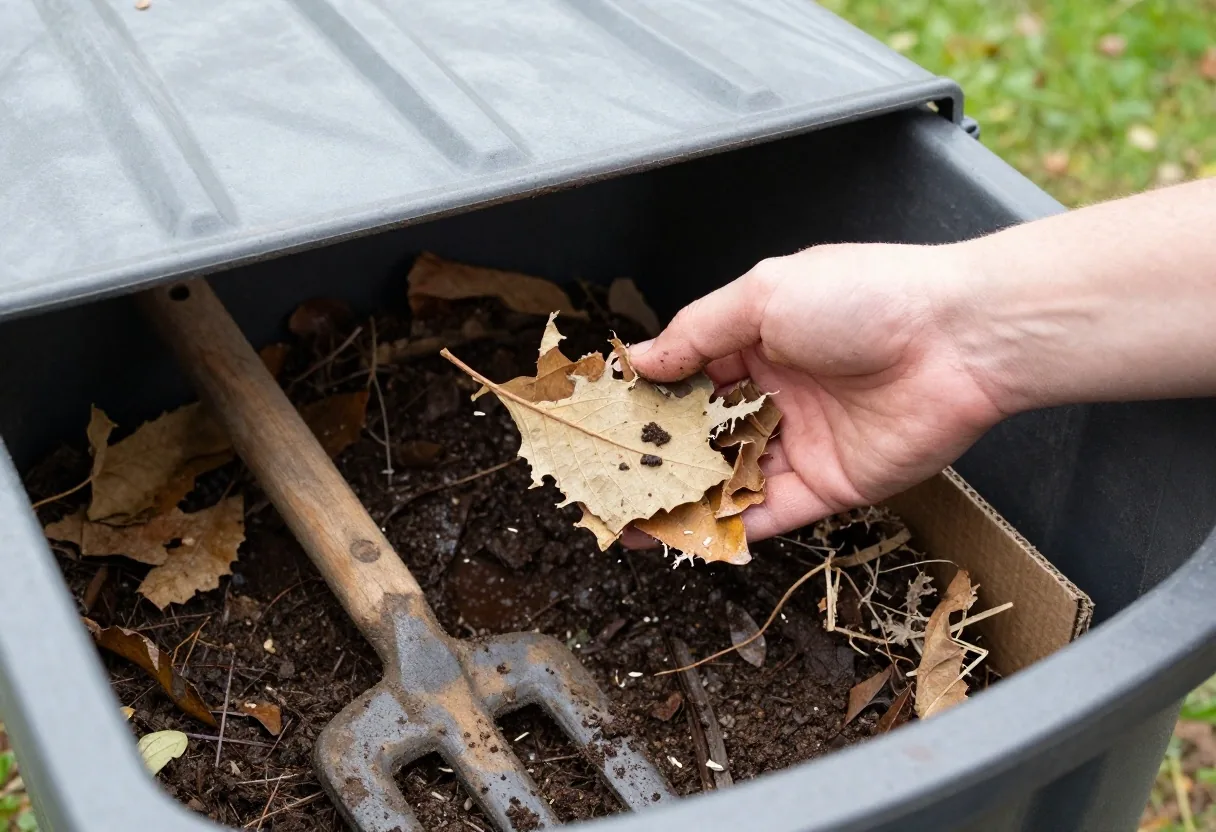 A hand adding torn cardboard to an open domestic compost bin in a small garden