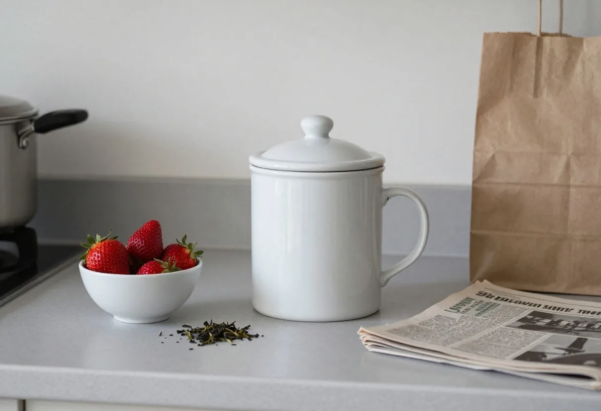 A lidded kitchen food caddy on a worktop beside a bowl of fruit scraps and a brown paper sheet