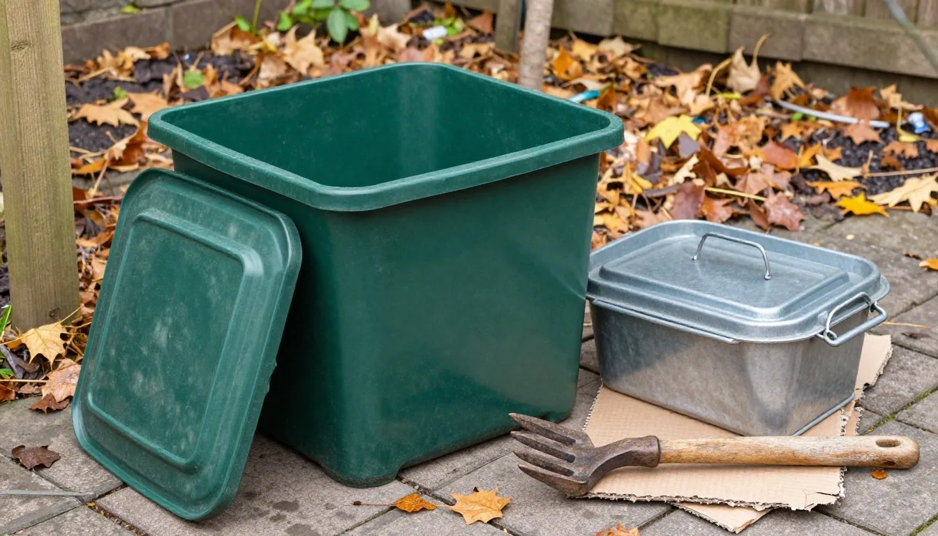 An open garden compost bin with a lidded kitchen caddy and a pile of brown cardboard beside it in a small UK back garden