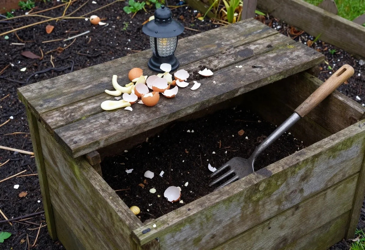 An open garden compost bay with unfinished scraps on top and dark crumbly compost at the base