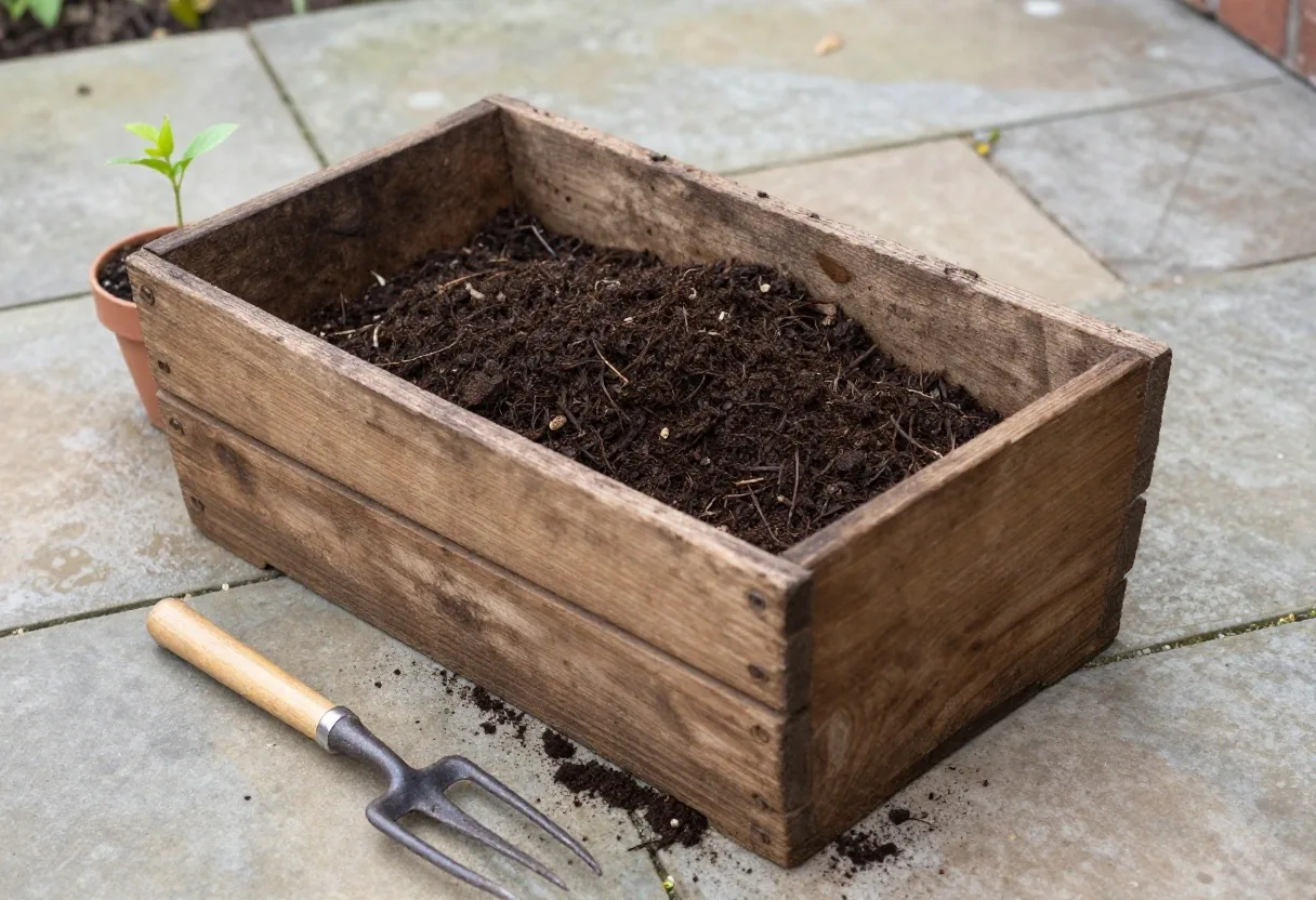 Hands holding finished dark crumbly compost over a plant pot in a garden
