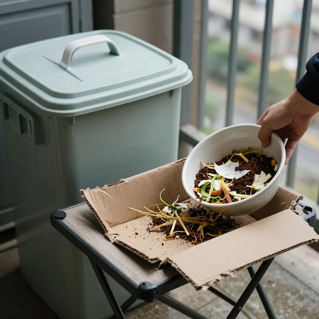 Vegetable peelings being tipped from a bowl onto torn cardboard inside a small compost bin on a balcony