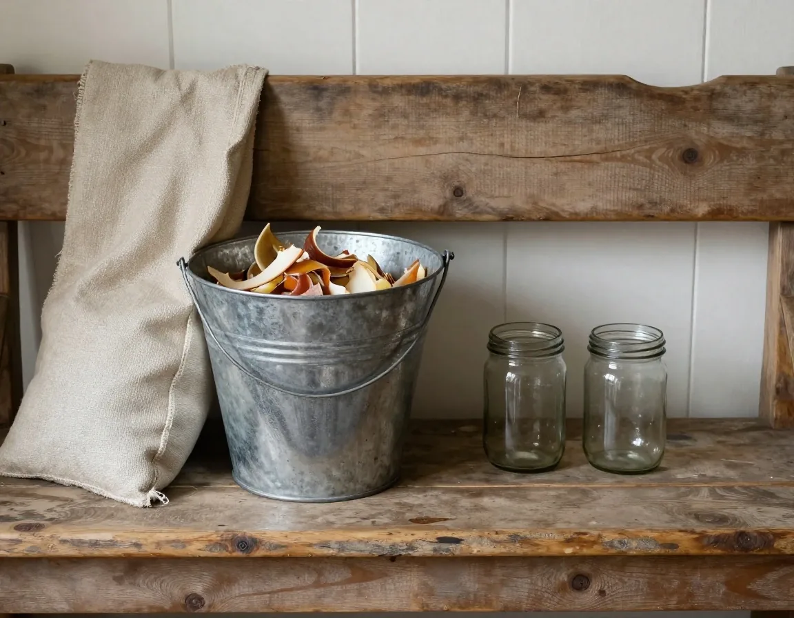 Clean glass jars, a cotton produce bag and a refillable bottle on a utility room shelf