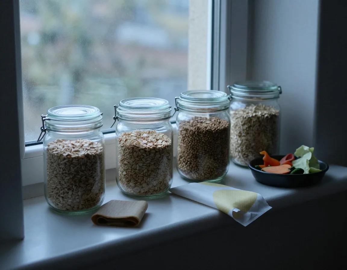 Glass jars, a beeswax wrap and a tray of kitchen scraps on a Bristol windowsill in overcast daylight