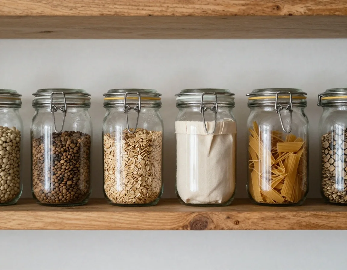 Refilled glass storage jars and beeswax wraps on a wooden kitchen shelf