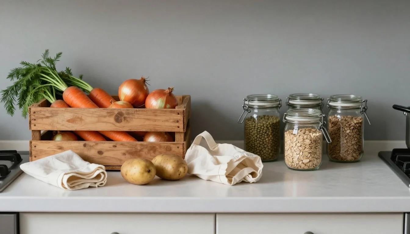 Reusable glass jars, cotton produce bags and a refill crate of loose vegetables on a kitchen counter