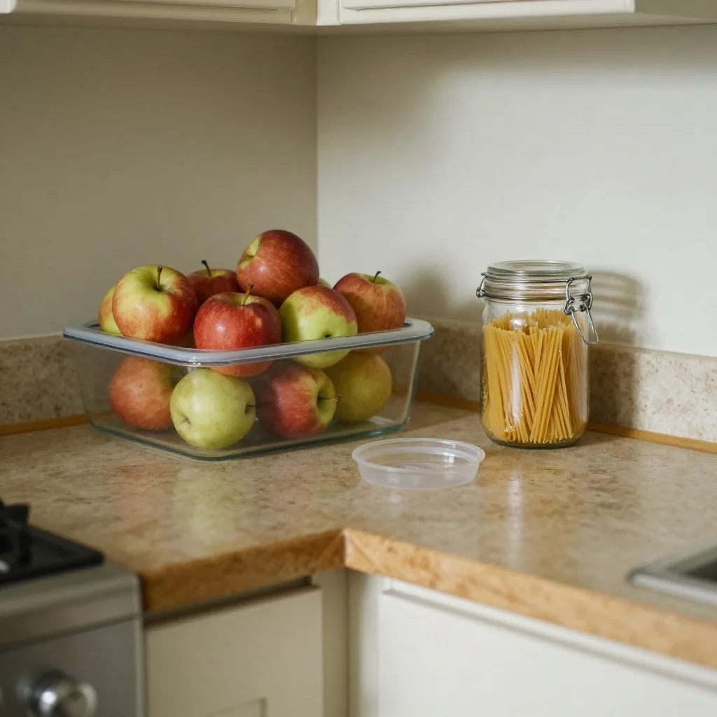 A corner of a small kitchen worktop with a glass storage container, loose apples and a reused jar of pasta