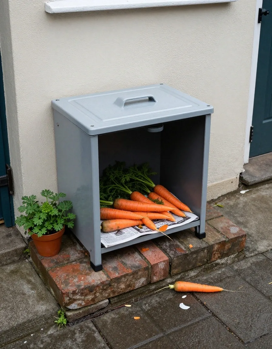 A small kitchen caddy and a compost bin on a balcony beside vegetable peelings