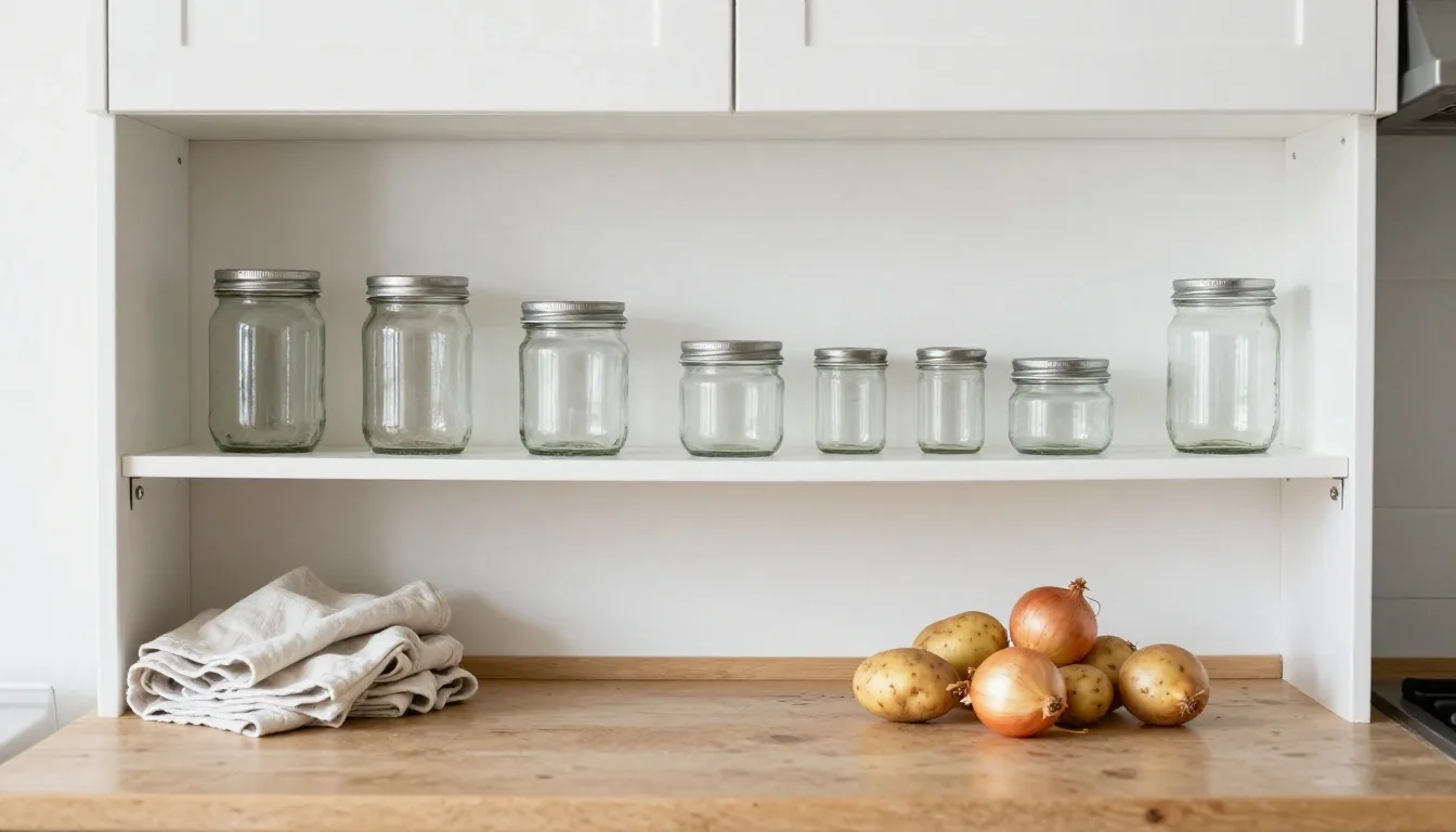 A kitchen cupboard shelf of reused glass jars with a cloth and loose vegetables on the worktop beside it
