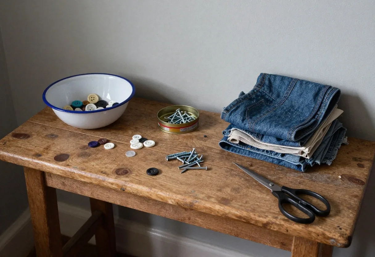 Reused jam jars holding screws and spoons beside folded cloths cut from an old shirt