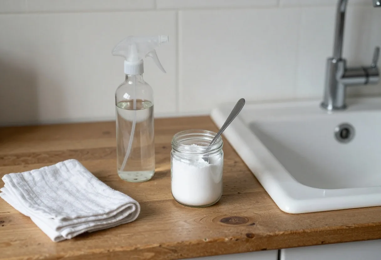 A glass spray bottle of vinegar, an open jar of baking soda and a folded cotton cloth on a wooden kitchen worktop