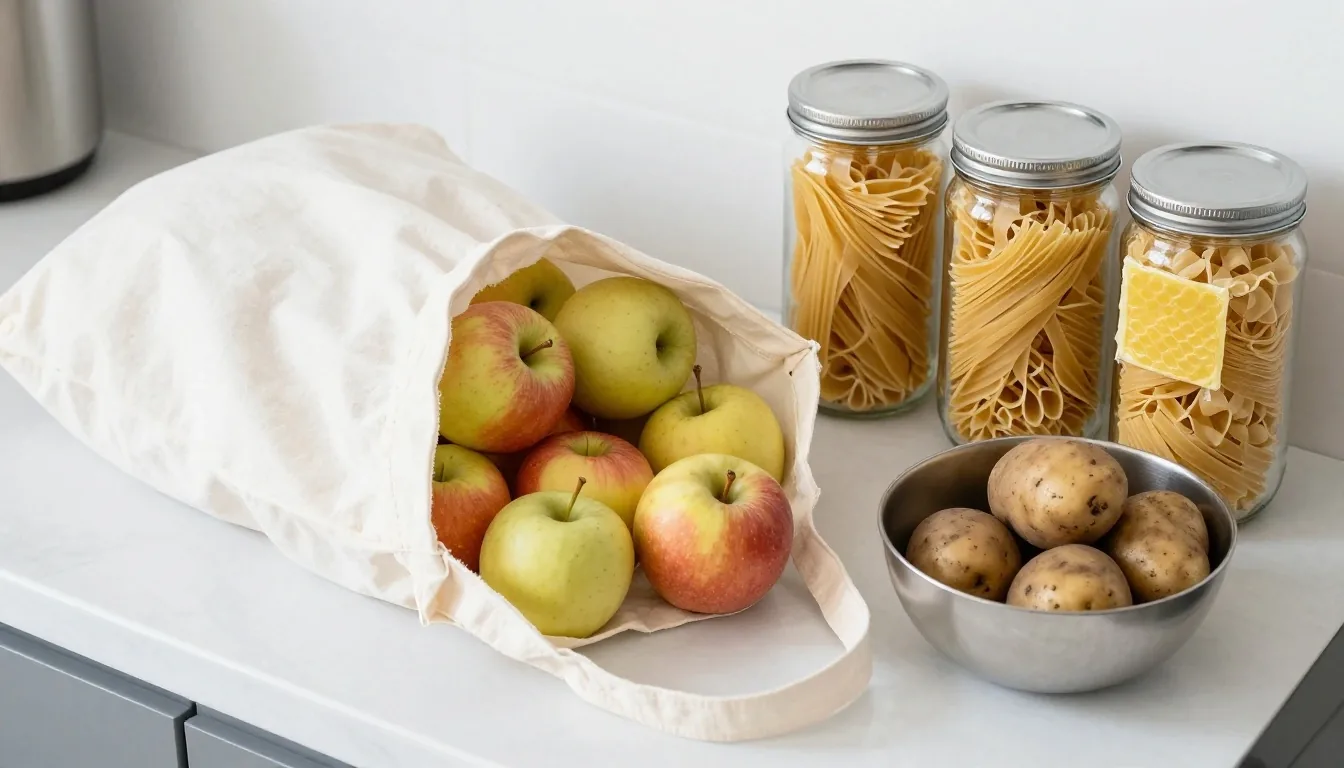 A British kitchen worktop with glass and stainless containers of leftovers, folded beeswax wraps, loose vegetables and a cotton produce bag
