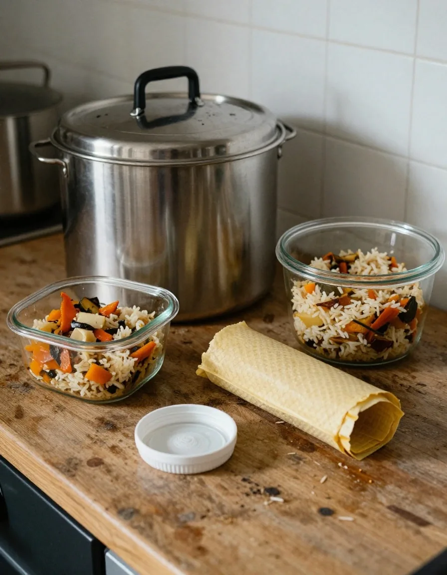 Glass and stainless food containers with leftovers, beside a folded beeswax wrap and a wrapped loaf
