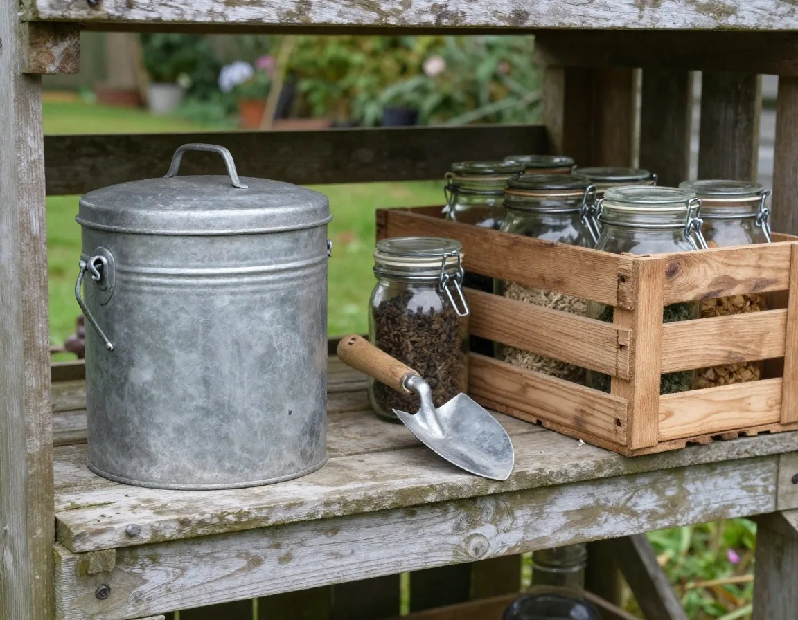 Shed shelf with a compost caddy, hand trowel and reused glass jars in a wooden crate