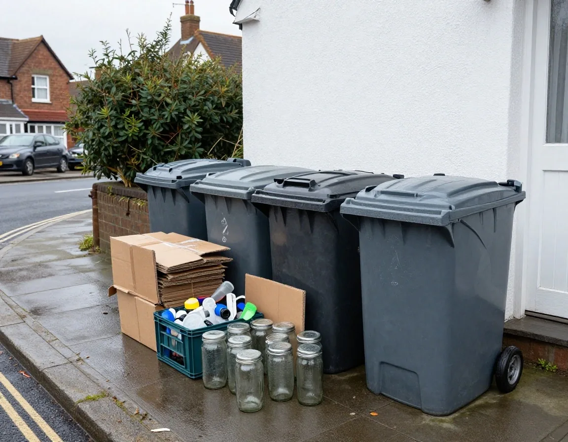Sorted household recycling boxes with rinsed glass jars and flattened cardboard set out at a British kerbside