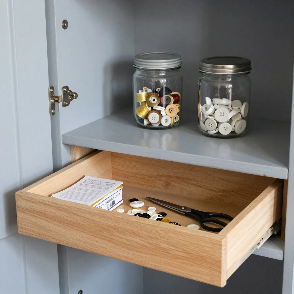 A small household repair kit with tin of threads and spare buttons beside two glass storage jars