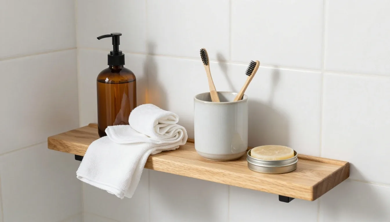 A kitchen worktop in a UK home with loose vegetables, glass storage jars and a cotton produce bag