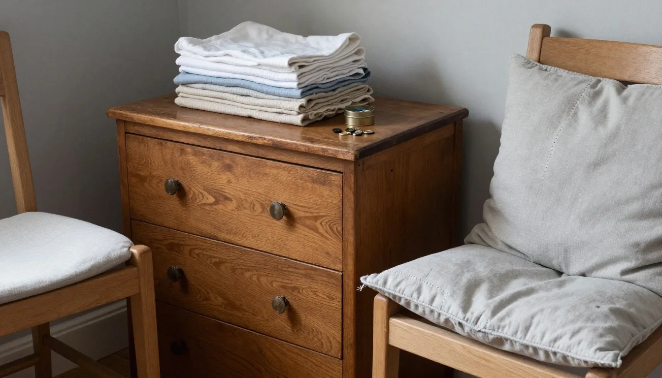 A living room armchair with visible repair stitching and a stack of folded cotton cloths