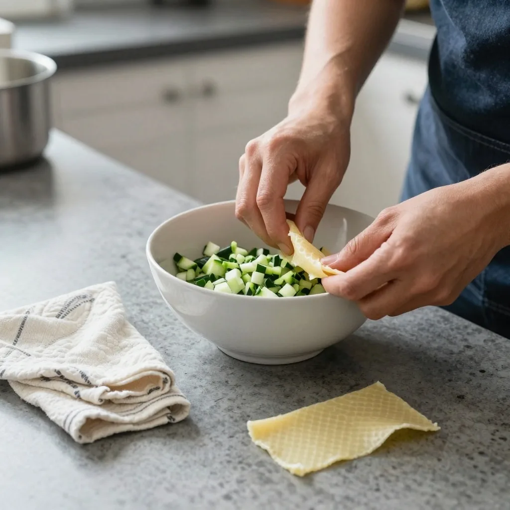 Hands folding a beeswax wrap over a bowl of cut vegetables on a kitchen worktop
