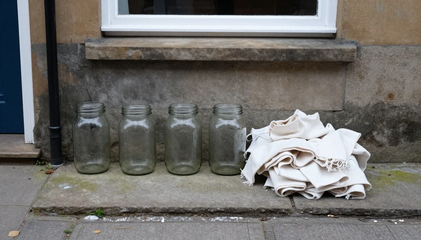 Clean glass jars and reused fabric on a UK doorstep ready for collection
