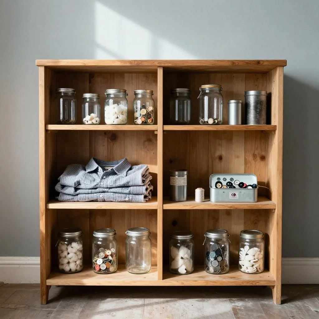 Glass jars and folded cotton textiles kept for reuse in a UK home cupboard