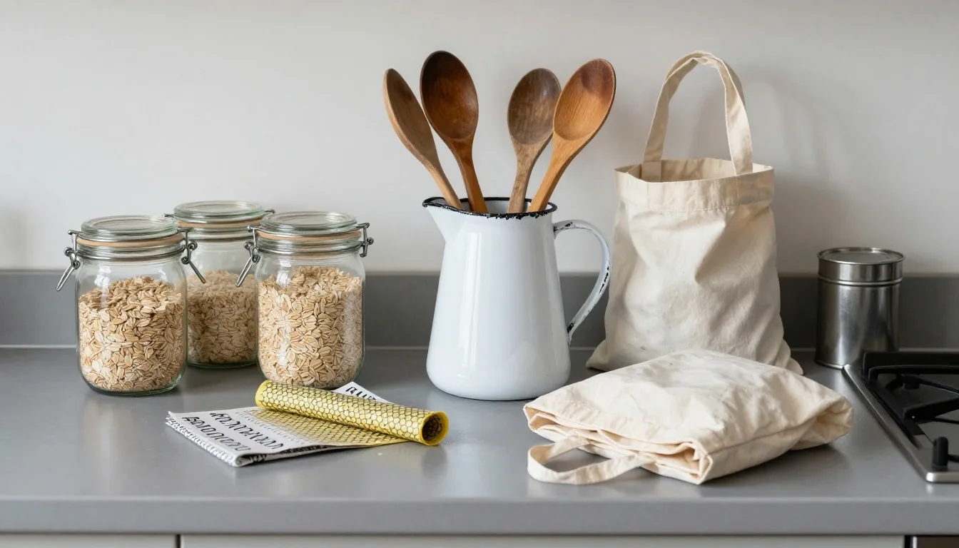 Reused glass jars and cotton bags on a UK kitchen worktop after a bulk shopping trip