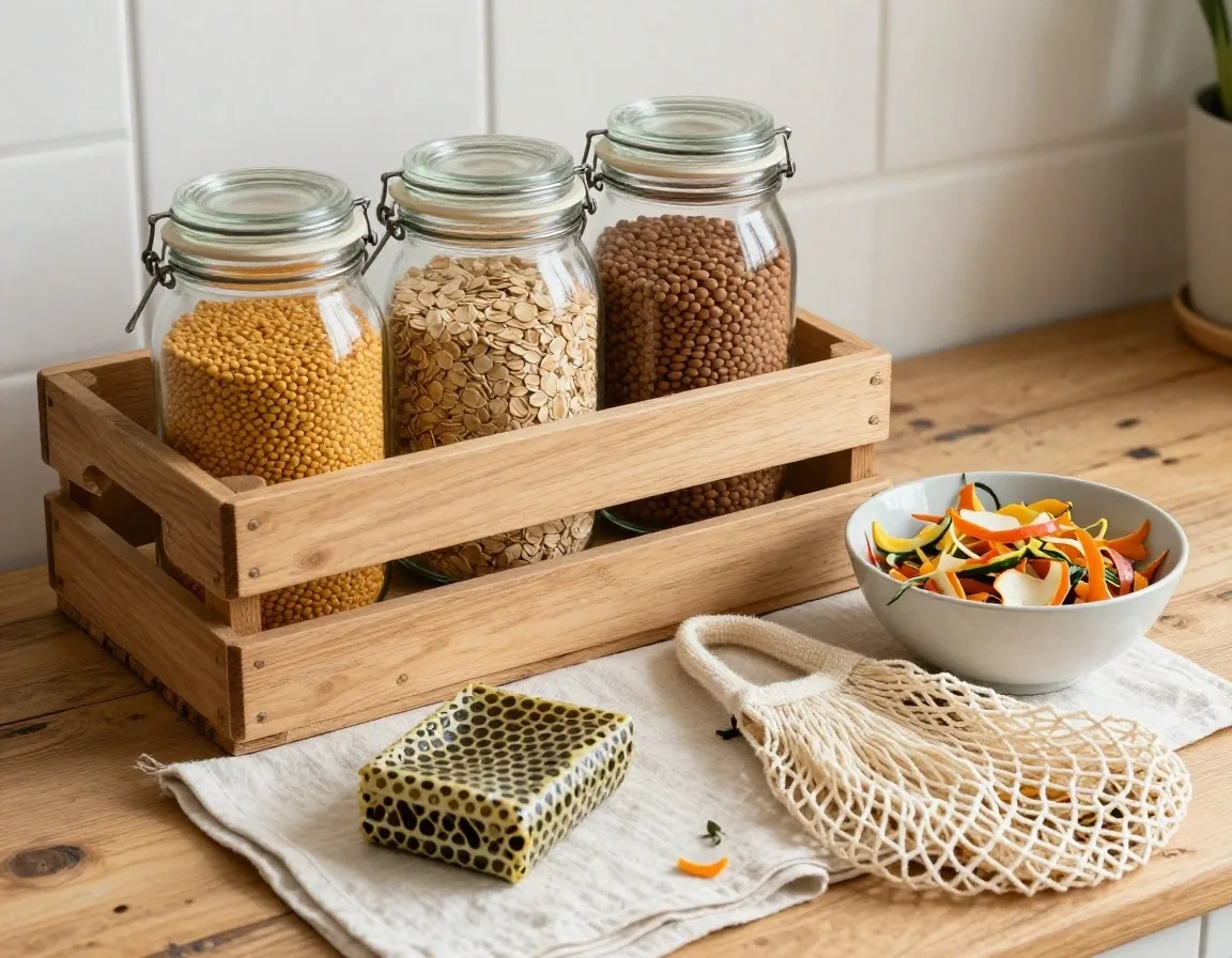 Reusable jars, beeswax wraps and produce bags on a UK kitchen worktop beside a bowl of food scraps for composting