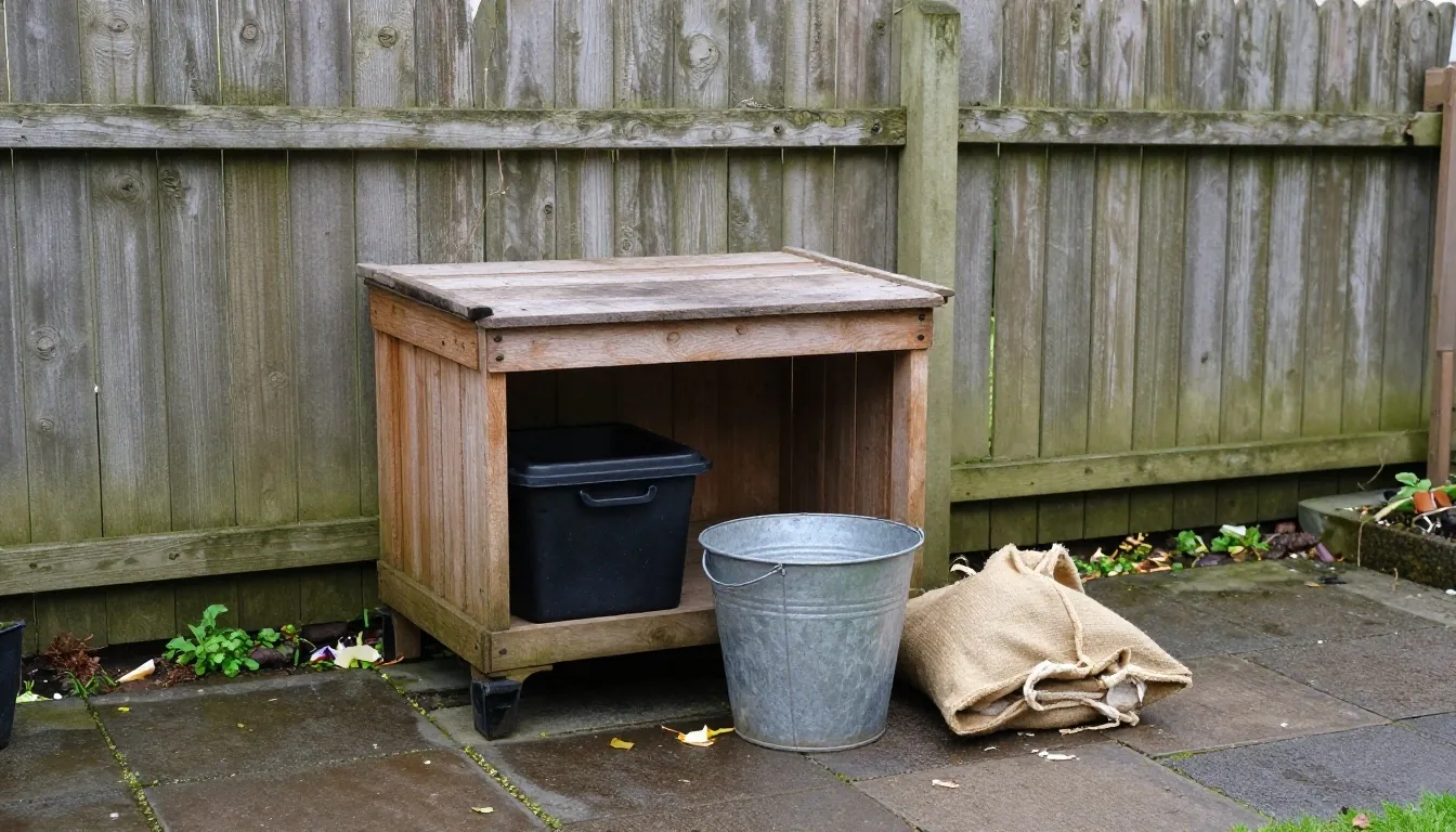 UK kerbside recycling boxes sorted by material on an overcast morning beside a garden wall