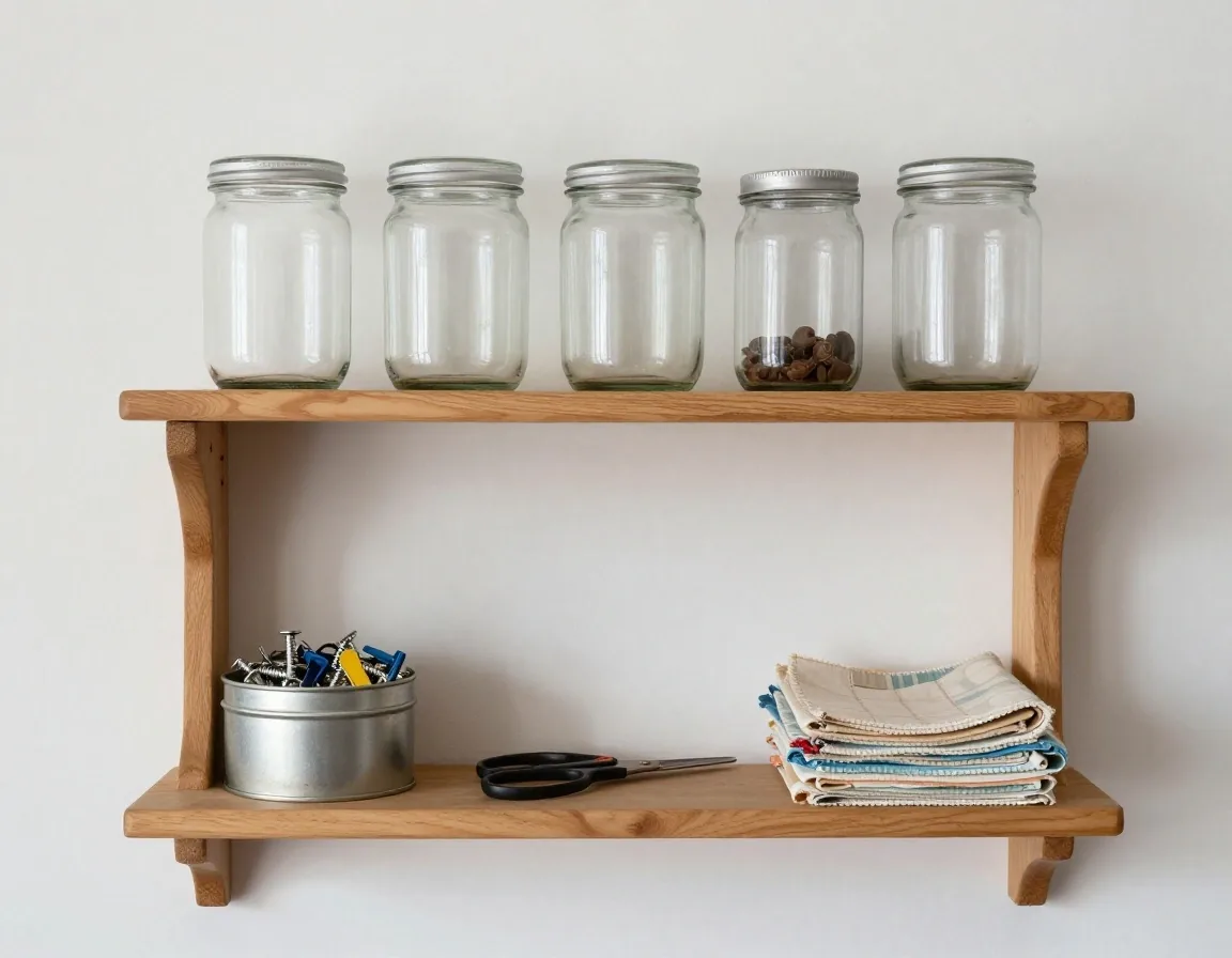 A shelf of neatly sorted reclaimed fabric, jars, screws and handles kept for future projects