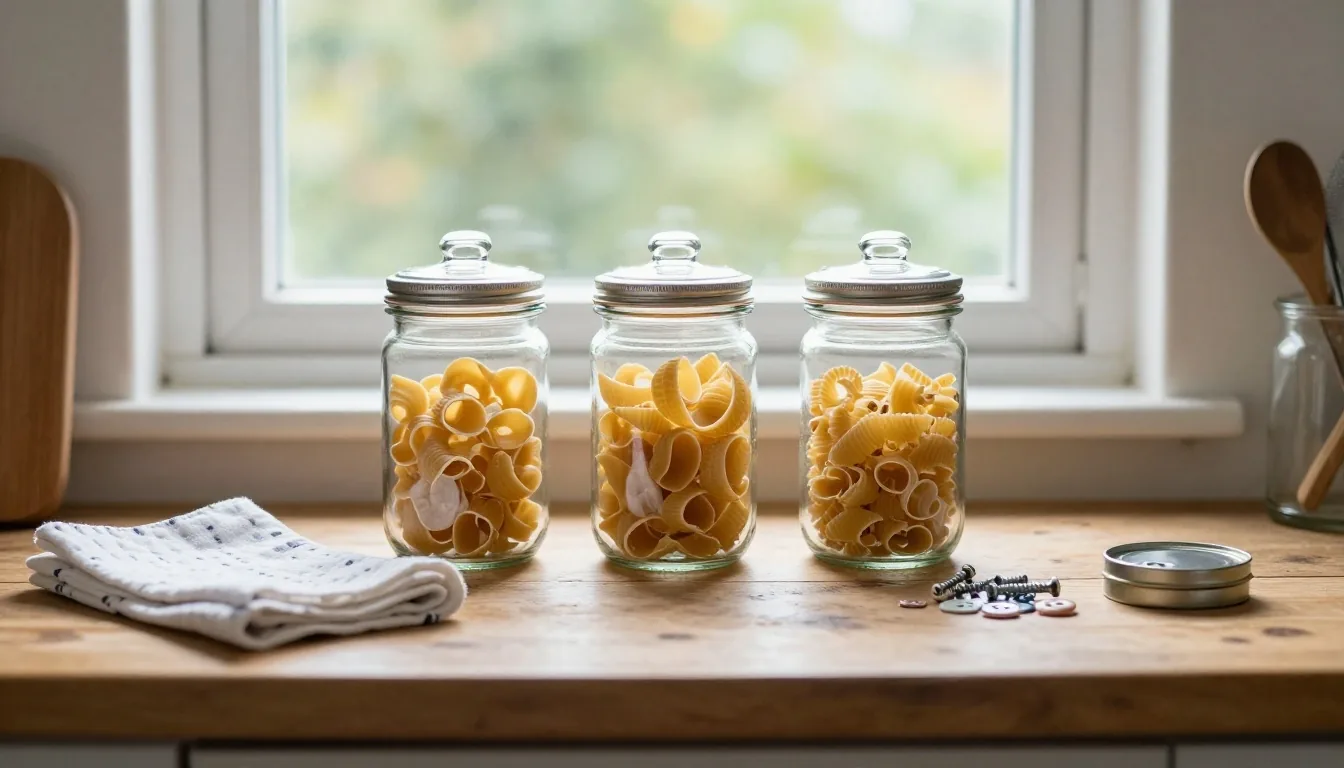 Clean glass jars and salvaged odds and ends set out on a kitchen worktop ready to be reused