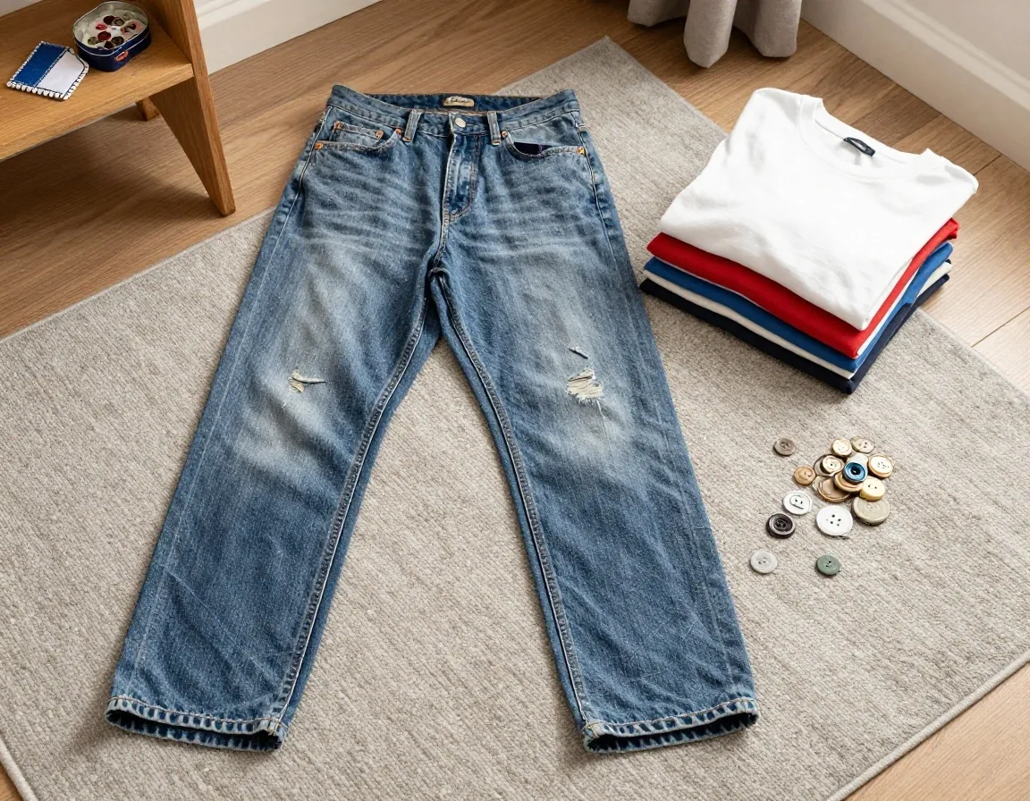 Worn t-shirts and old denim folded on a table with scissors, thread and a tin of spare buttons