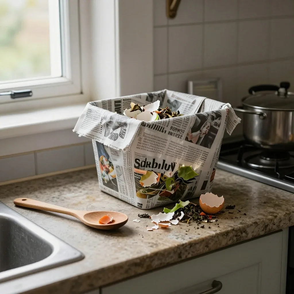 A countertop food waste caddy filled with vegetable peelings and eggshells