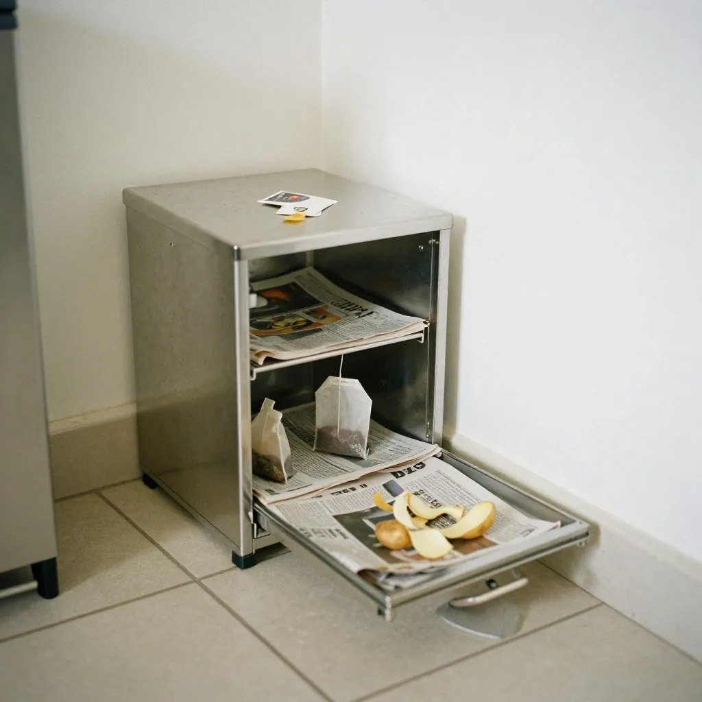A kitchen caddy and bin in a UK home with vegetable peelings visible