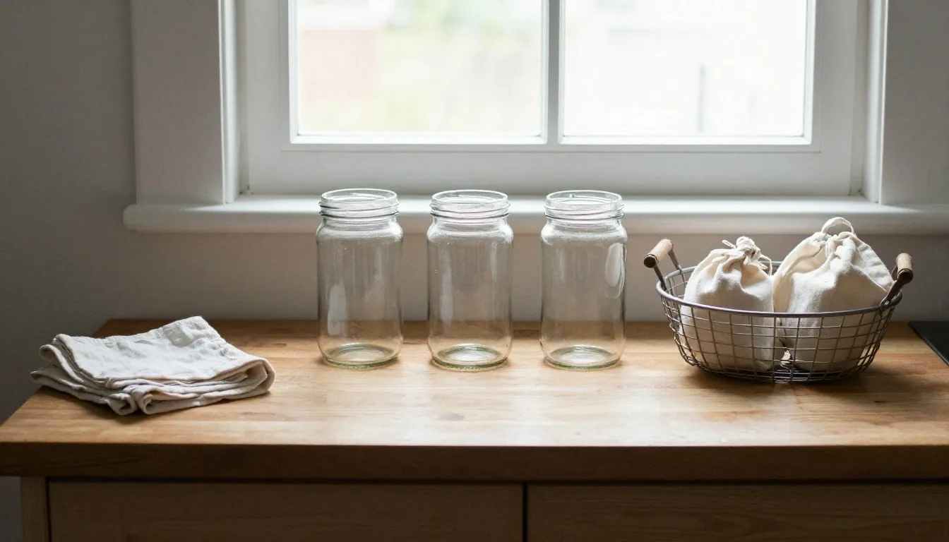 Empty glass jars, cloth bags and a ceramic mug arranged on a worktop in a UK kitchen
