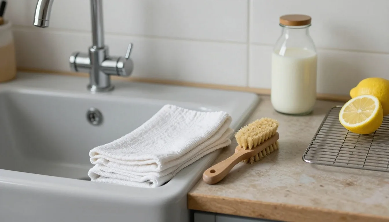 Folded cleaning cloths, a wooden brush and a jar beside a kitchen sink