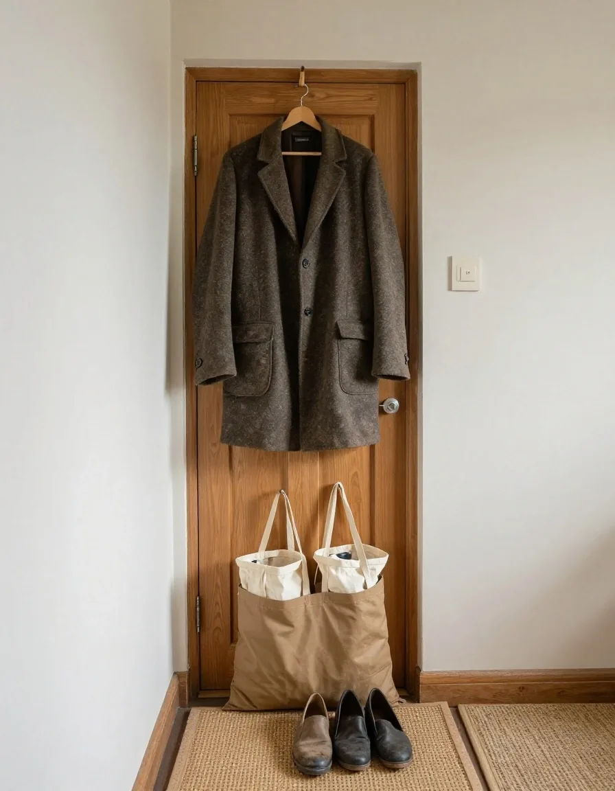 Folded cloth produce bags tucked into the pocket of a coat by a front door